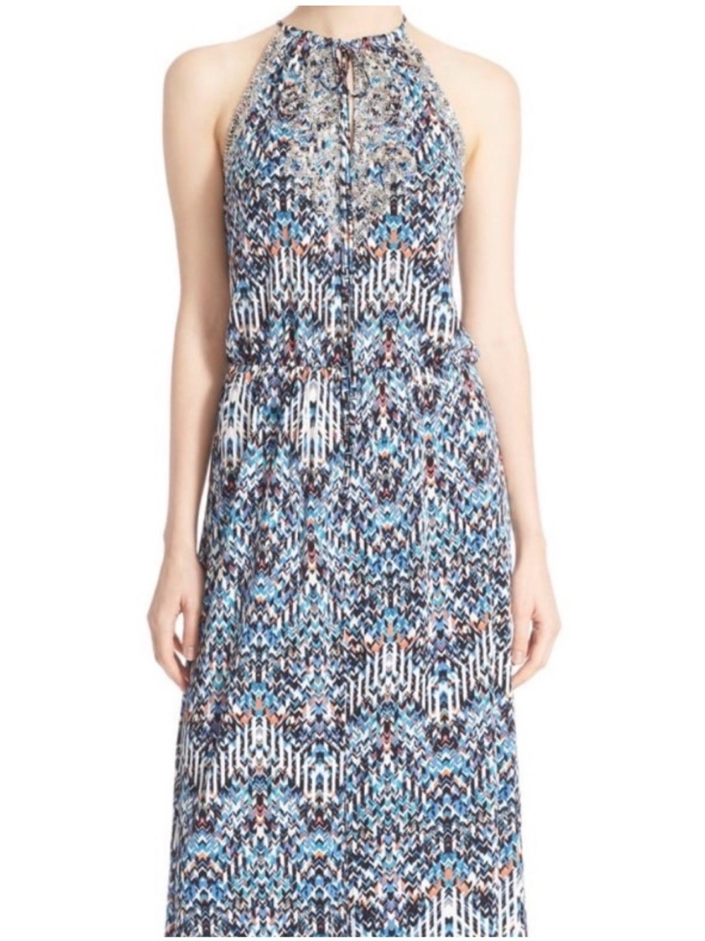 Parker Beaded Halter Maxi Dress in Multi-Blue Print